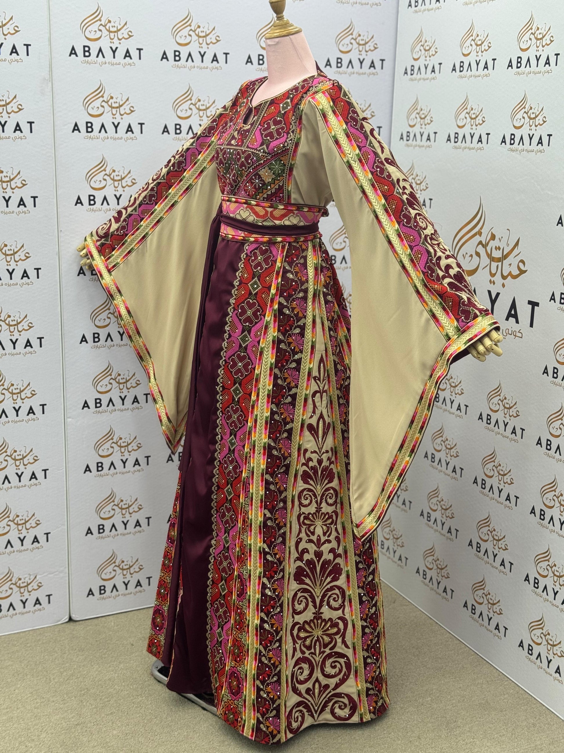 Burgundy & Beige Palestinian Embroidery Thobe – Colorful Geometric Elegance A09092025