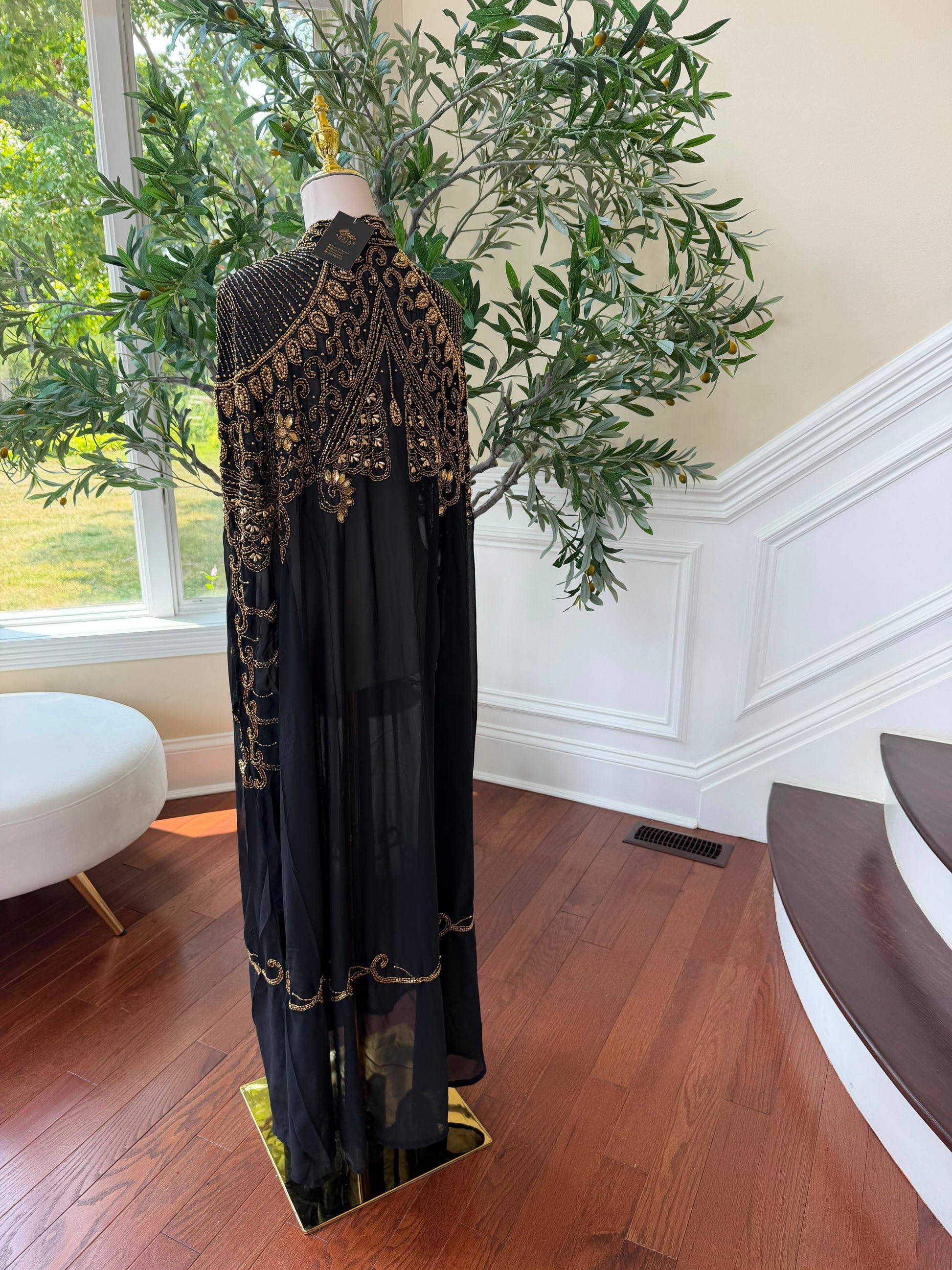 Golden Beaded Black Elegance Cardigan Abaya