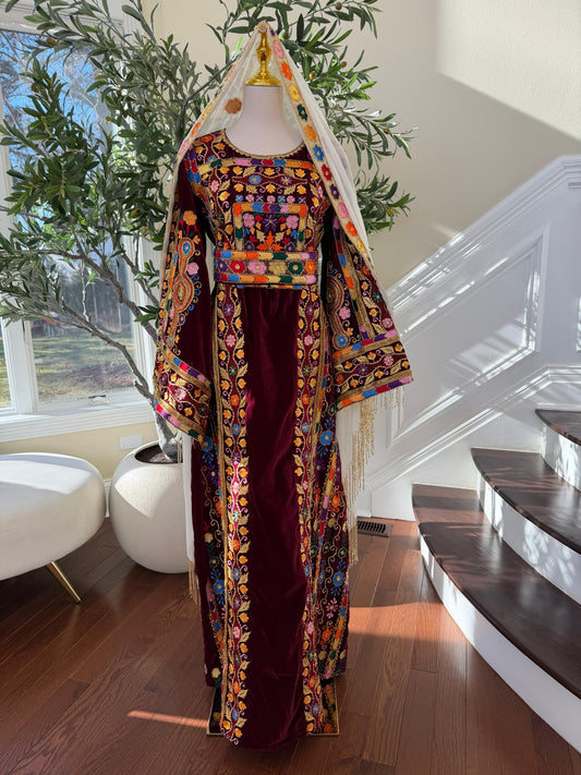 Red Velvet Handmade Embellished Beaded Thobe