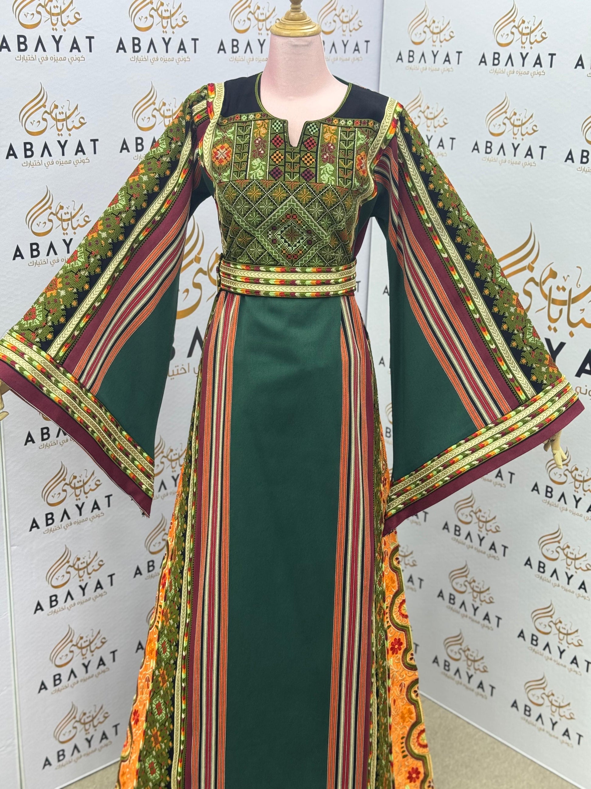 Palestinian Thobe – Green on black with Multicolor Embroidery & Stripes A09092025