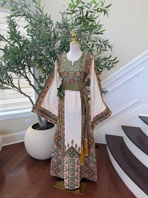 Olive Heritage: Off White Embroidered Tatreez Sabal Kharaz Thobe