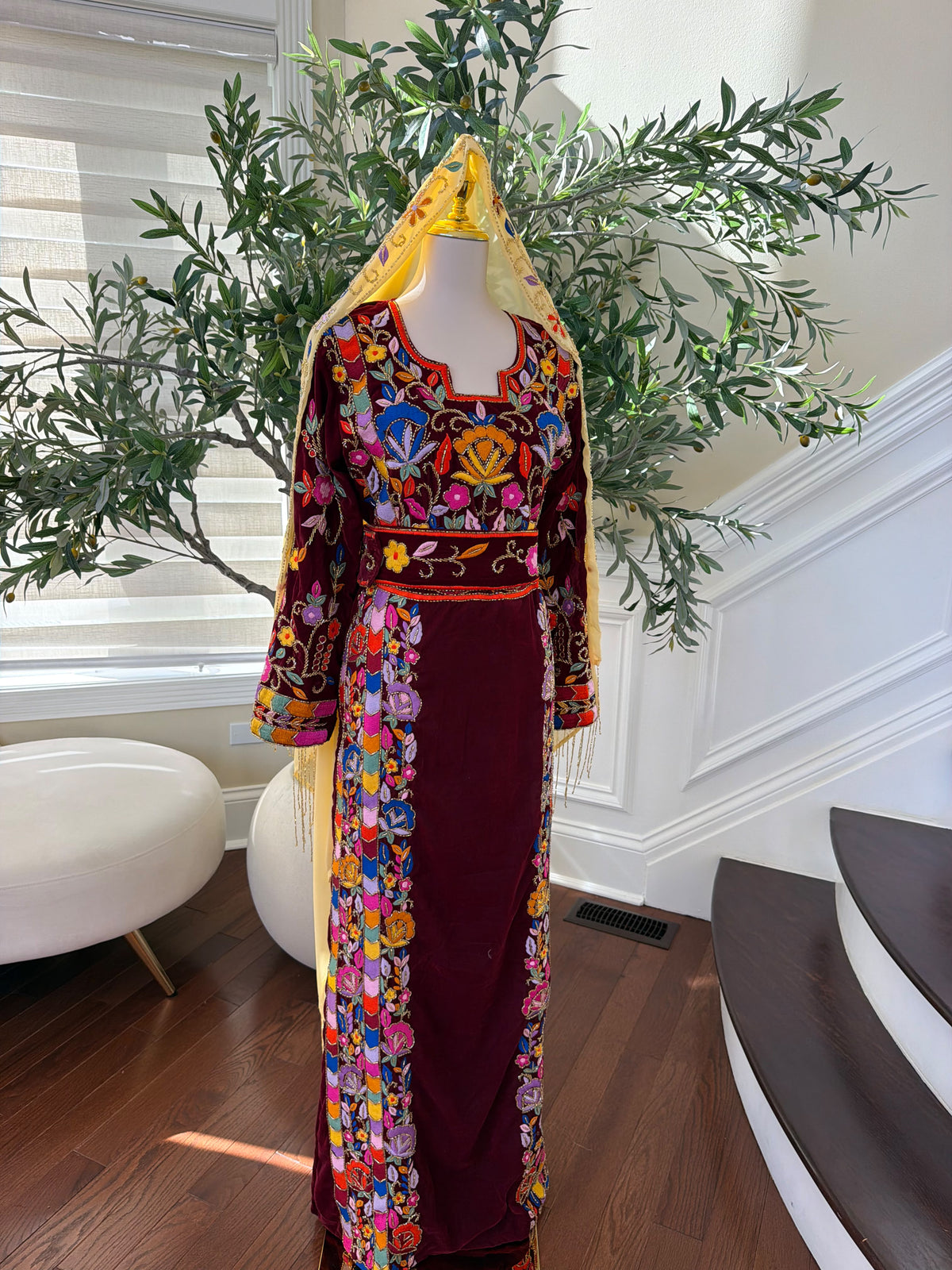 Elegant Burgundy Velvet Palestinian Thobe with Colorful Floral Embroidery – Scarf Not Included