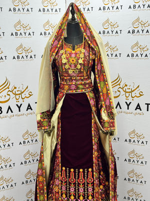 Burgundy Velvet Palestinian Embroidered Thobe with Multicolor Tatreez, Traditional Shawl & Overskirt Set