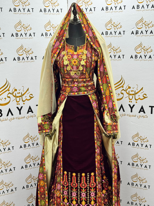 Burgundy Velvet Palestinian Embroidered Thobe with Multicolor Tatreez, Traditional Shawl & Overskirt Set