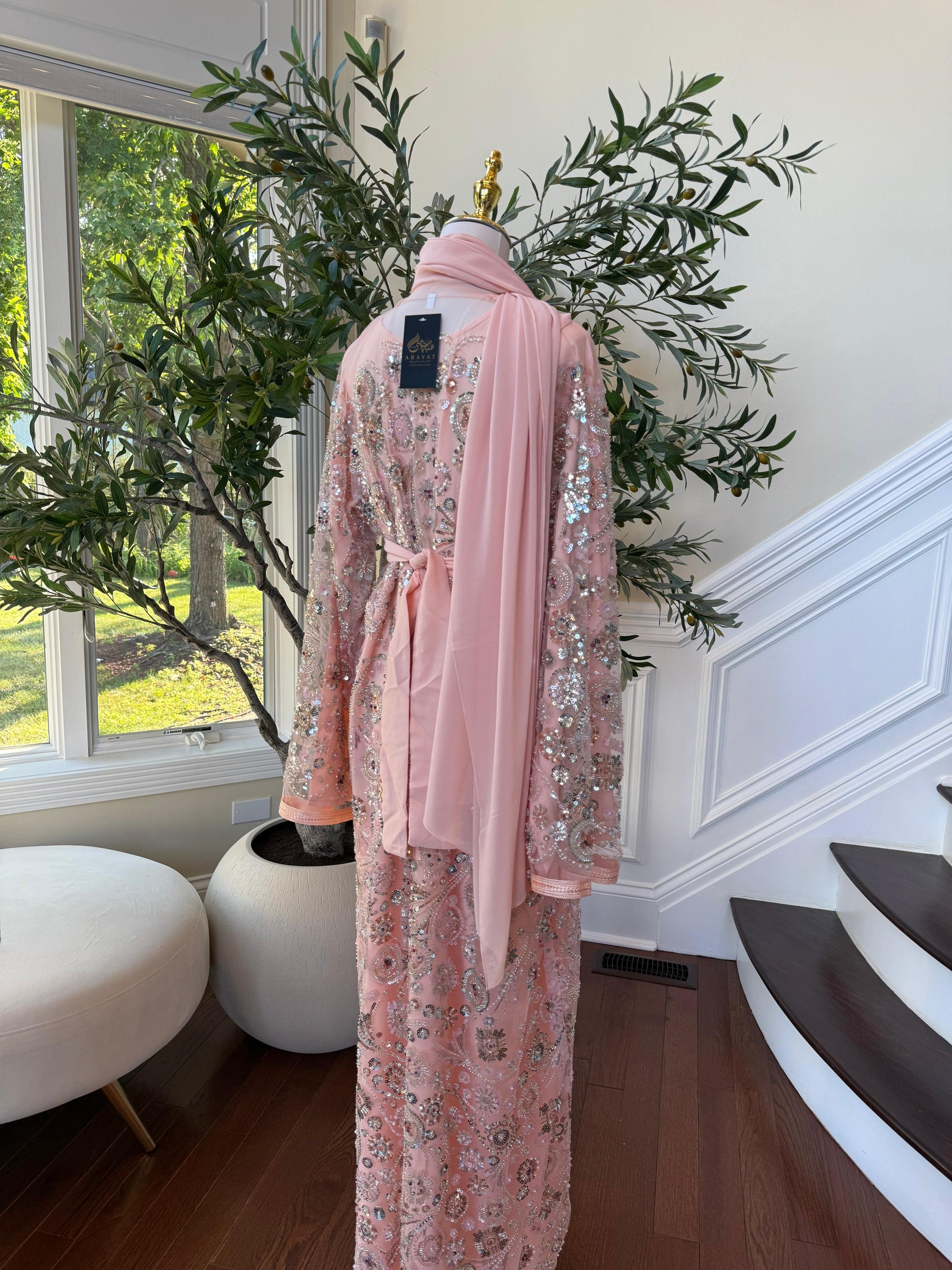Peach Floral Sequin Detail Abaya