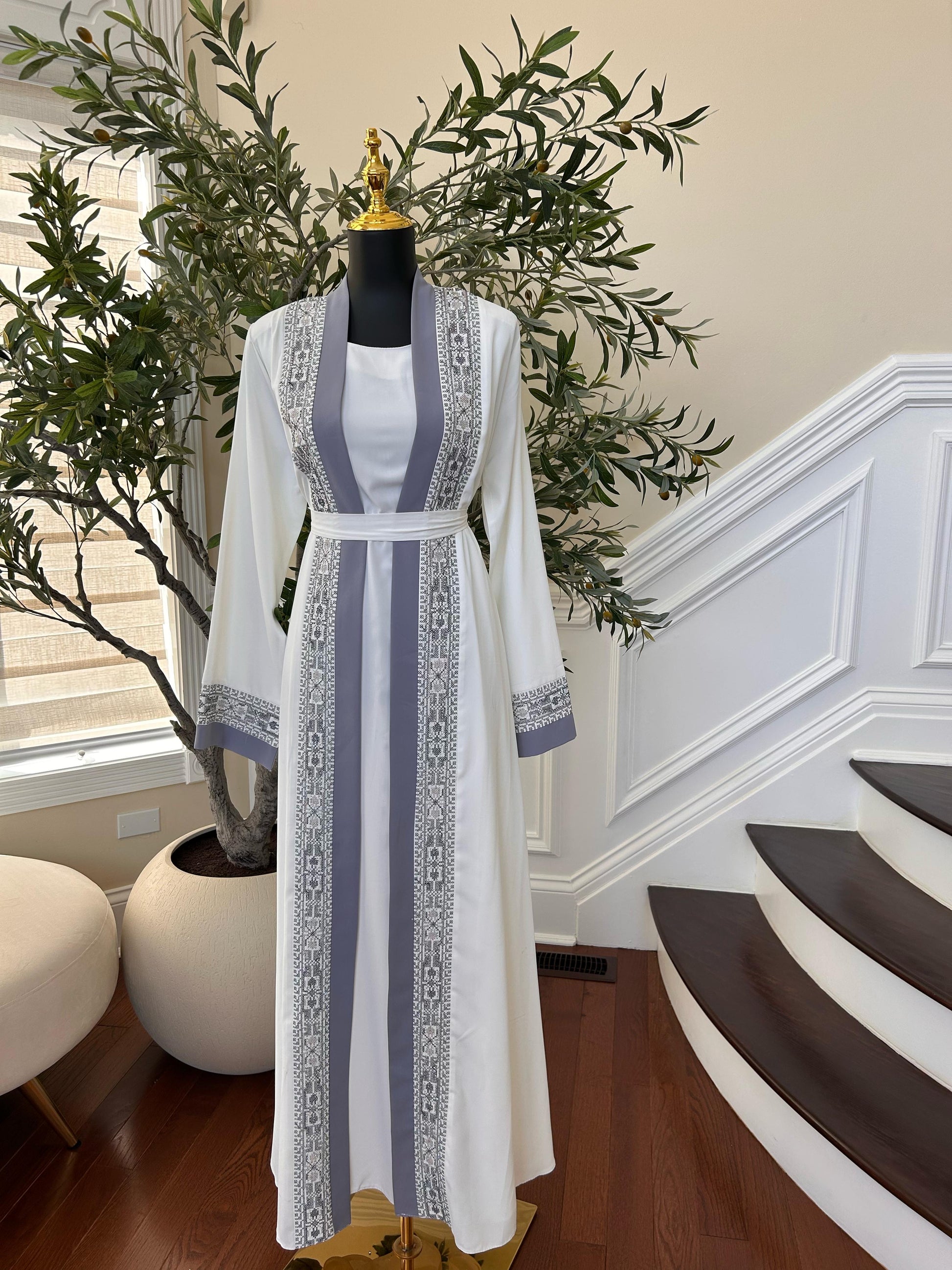 White And Grey Tatreez Beaded Two Piece Abaya