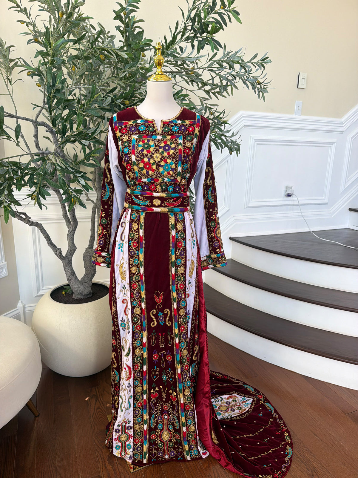 Elegant Burgundy Velvet Thobe with Colorful Embroidery and Matching Skirt included (scarf not included)