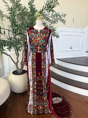 Elegant Burgundy Velvet Thobe with Colorful Embroidery and Matching Skirt included (scarf not included)
