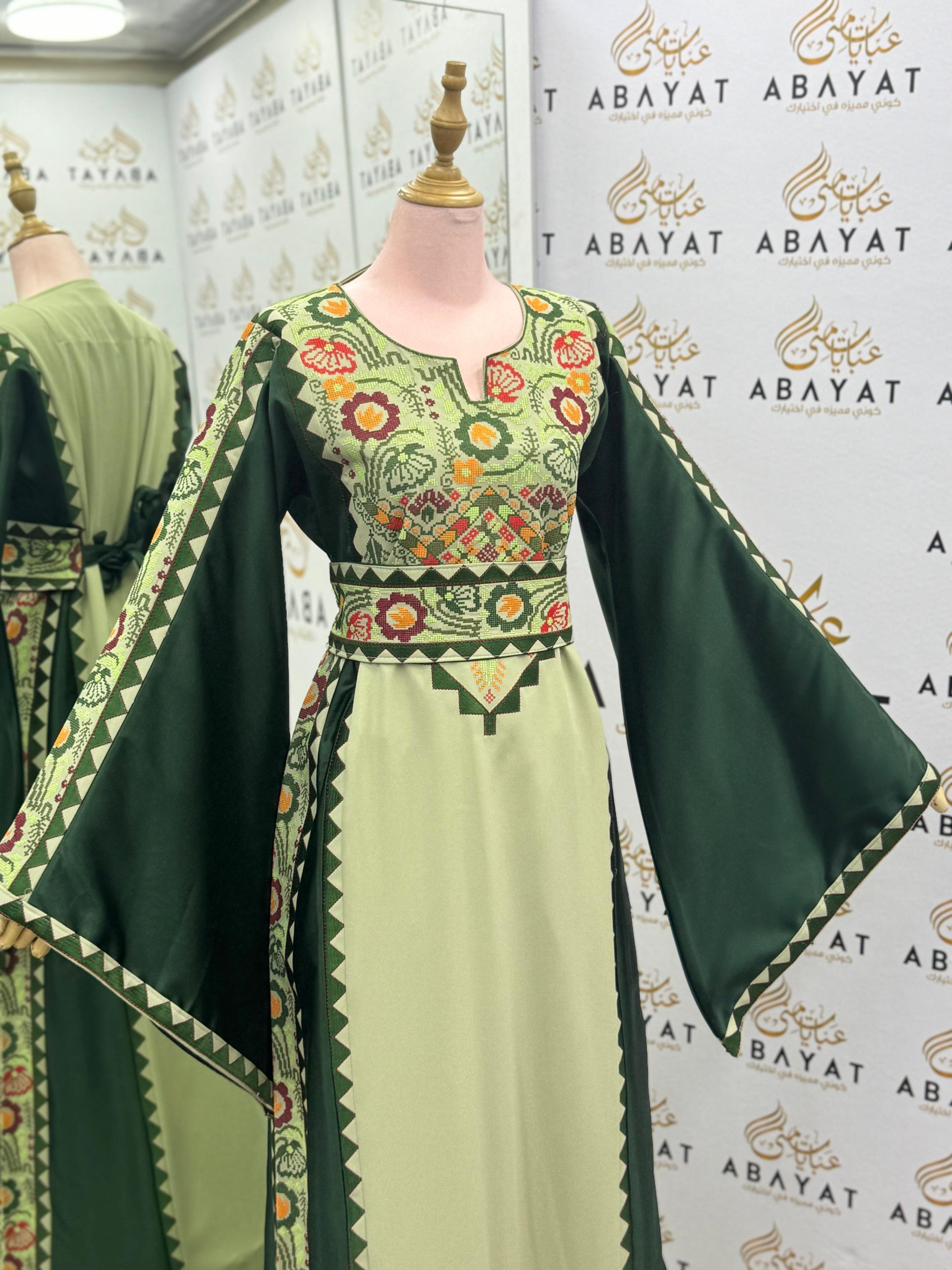 Traditional Palestinian Thobe in Light & Dark Green with Floral Tatreez