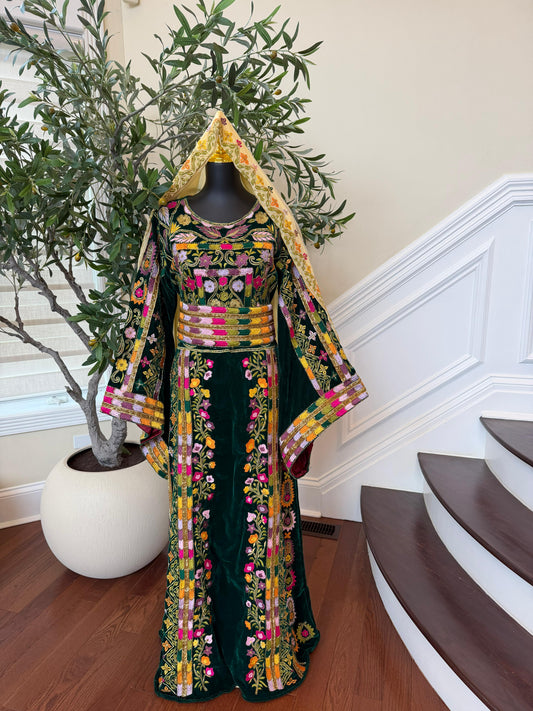 Green Velvet Beaded Stone Thobe