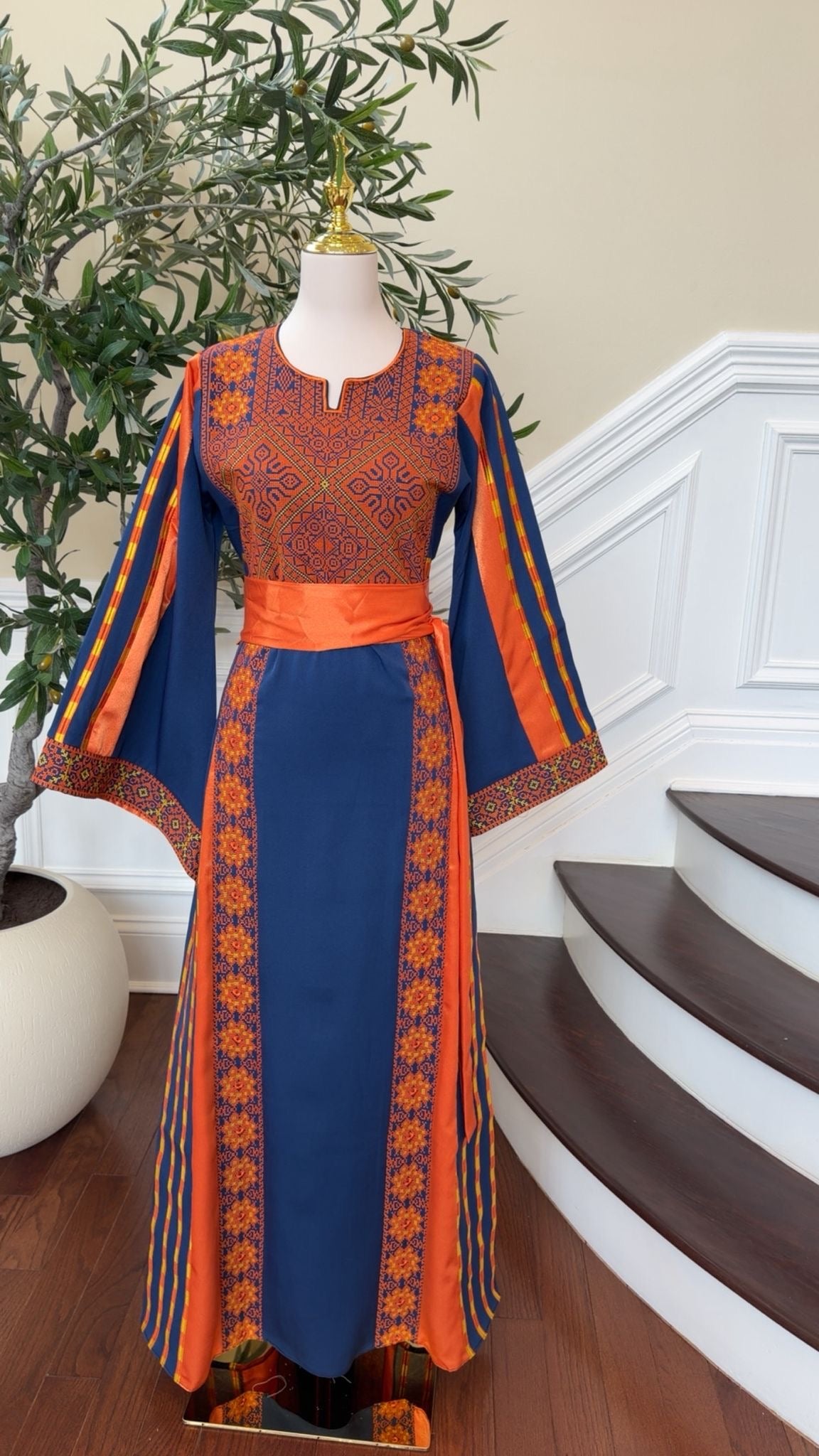 Navy Blue Embroidery Tatreez Orange Thobe