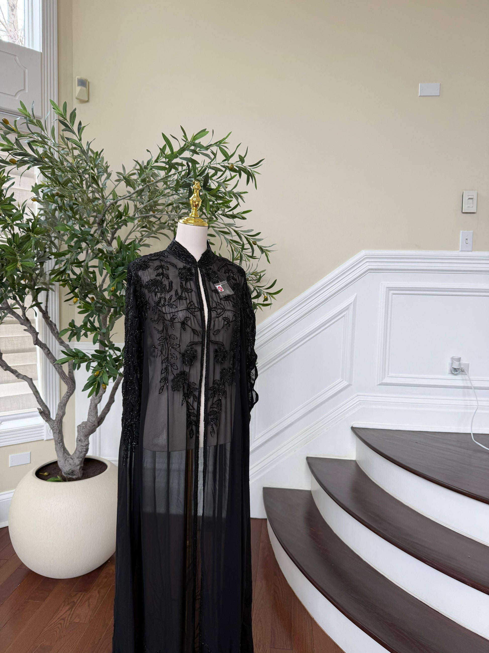 Black Stone Floral Cardigan Abaya