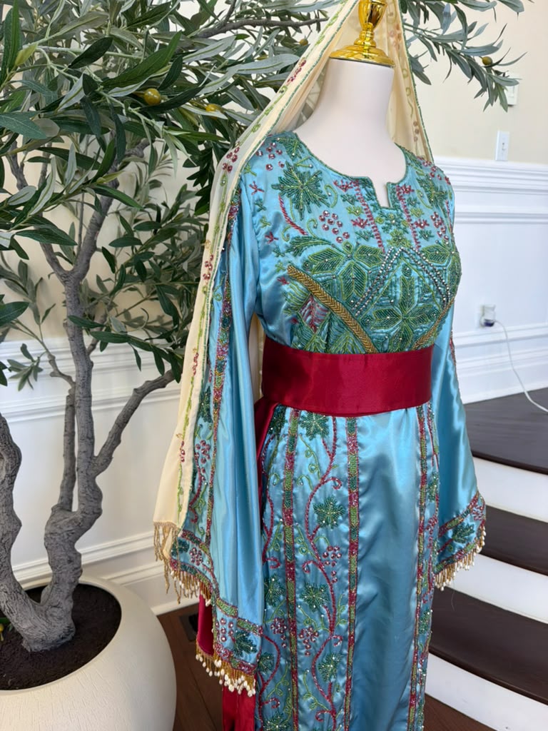 Elegant Sky Blue Satin Thobe with Intricate Green and Pink Floral Embroidery, Burgundy Belt(scarf not included)