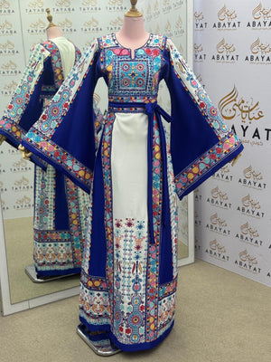Royal Blue & White Palestinian Embroidered Thobe – Colorful Tatreez Maxi Dress with Wide Sleeves”