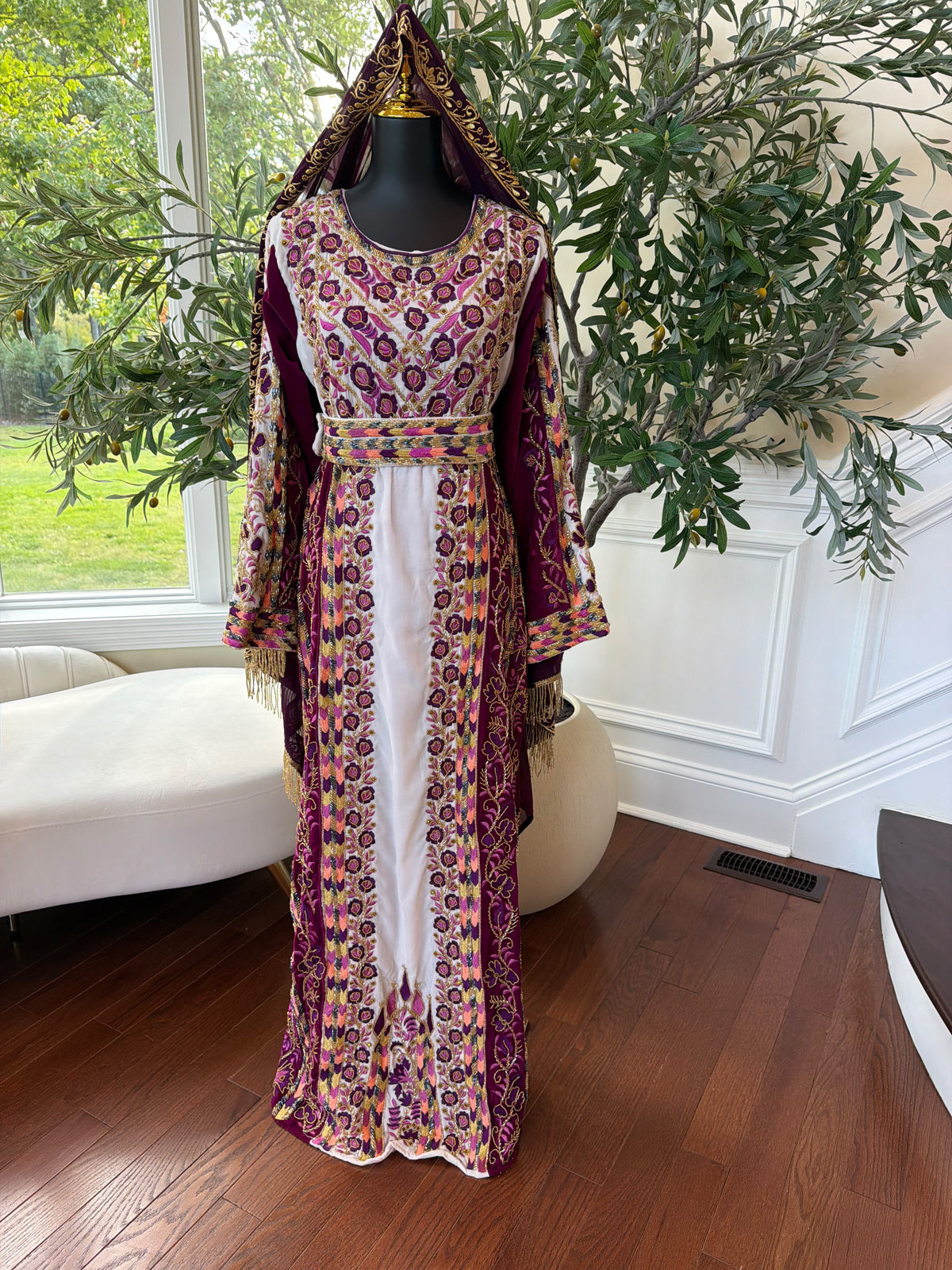 Elegant Purple and Cream Thobe with Intricate Floral Embroidery and Gold Accents (scarf not included)