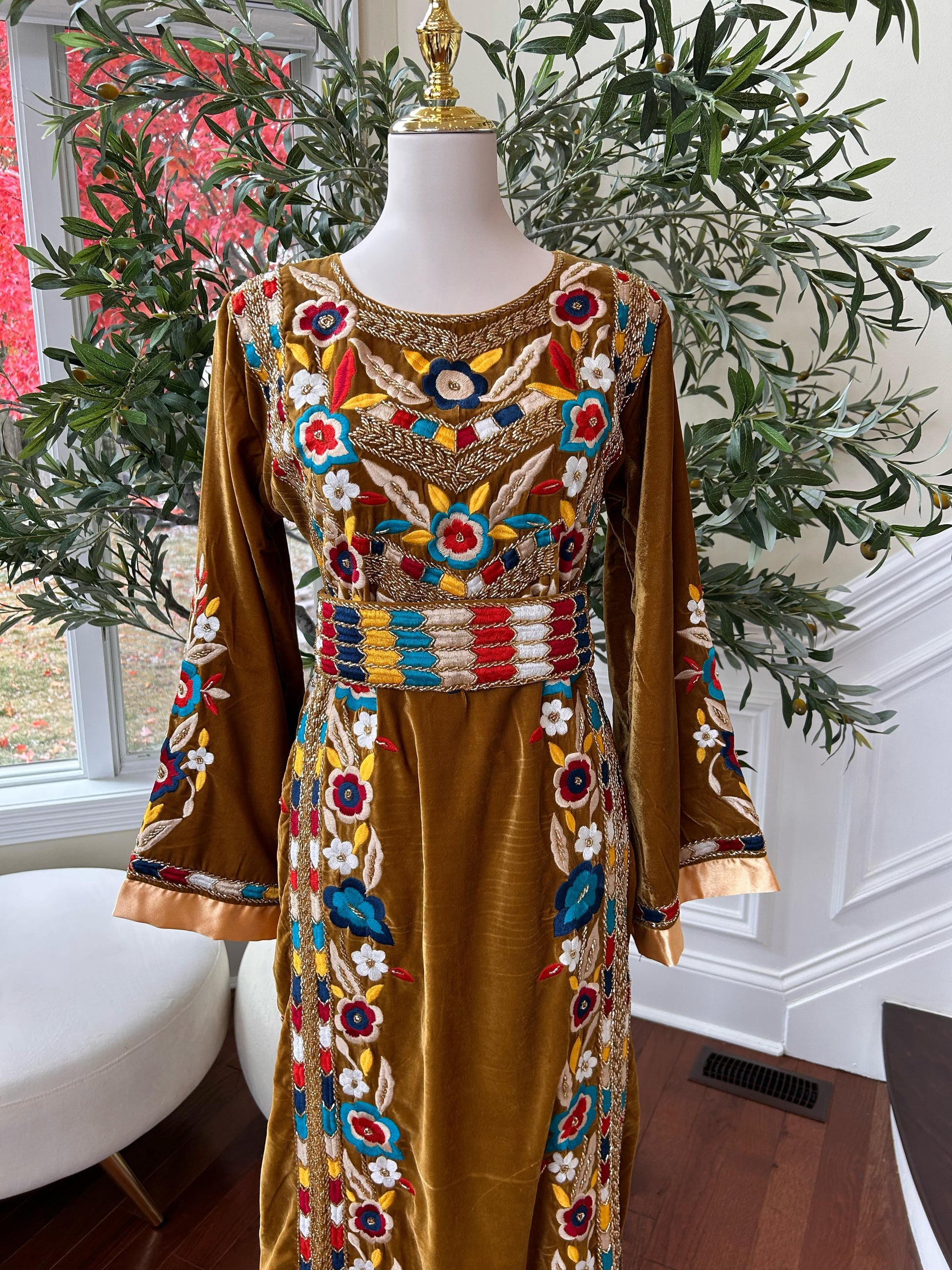 Golden Mustard Velvet Beaded Stone Thobe