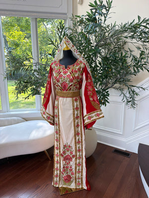 Elegant Cream and Red Thobe with Gold Floral Embroidery(scarf not included)