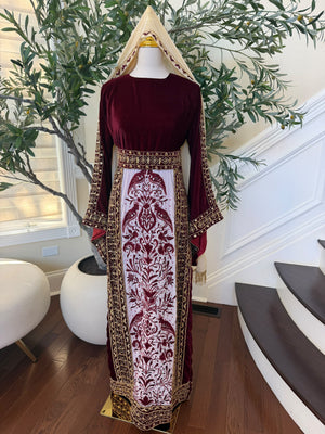 Elegant Burgundy Velvet Palestinian Thobe with Gold Embroidery