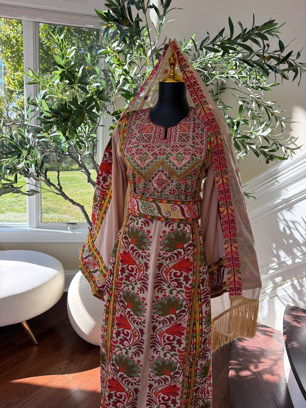 Elegant Cream Palestinian Embroidered Thobe with Traditional Red & Green Detailing (scarf not included)