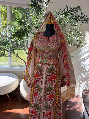 Elegant Cream Palestinian Embroidered Thobe with Traditional Red & Green Detailing (scarf not included)