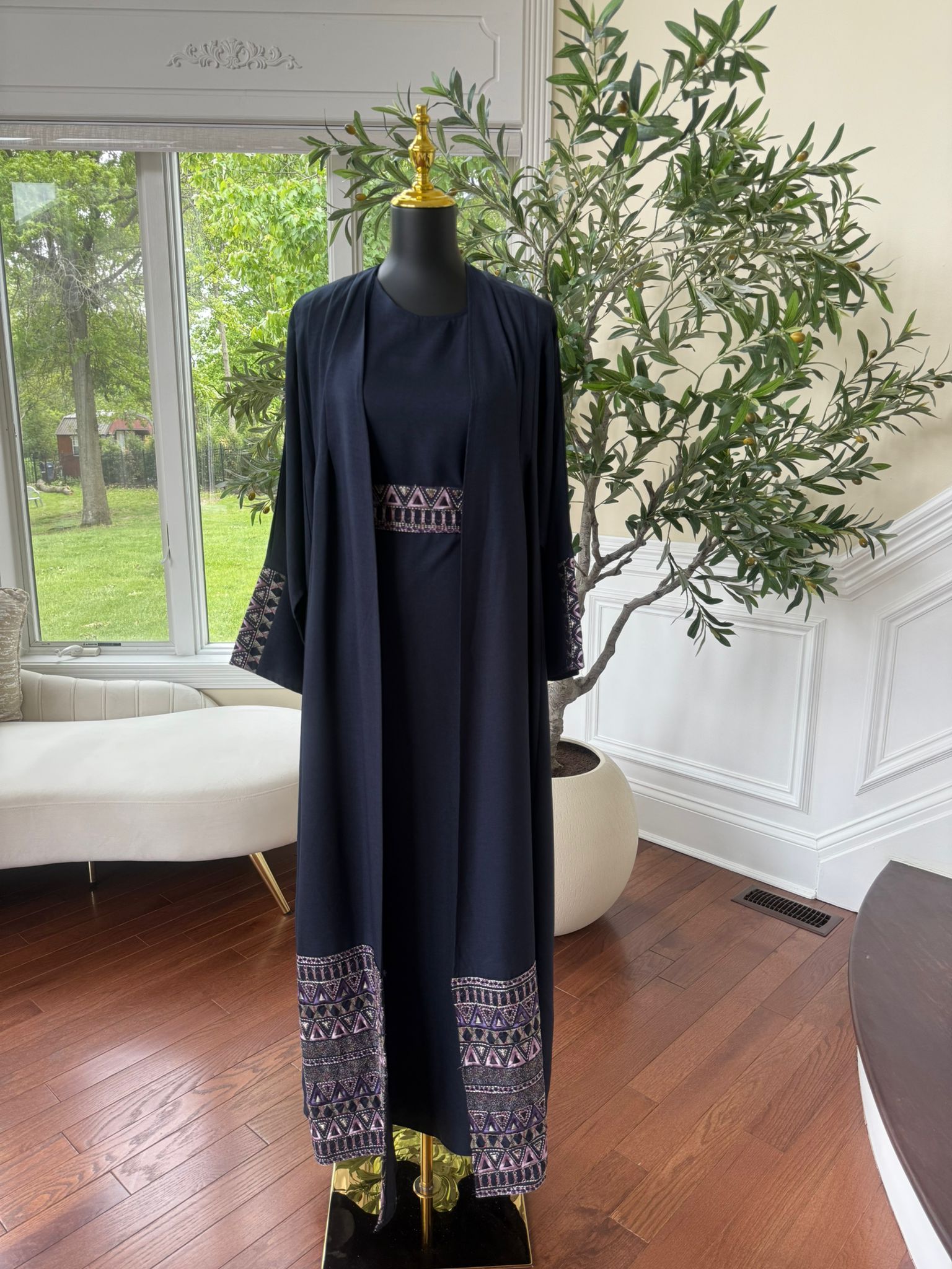 Navy Blue Tatreez Cardigan Abaya