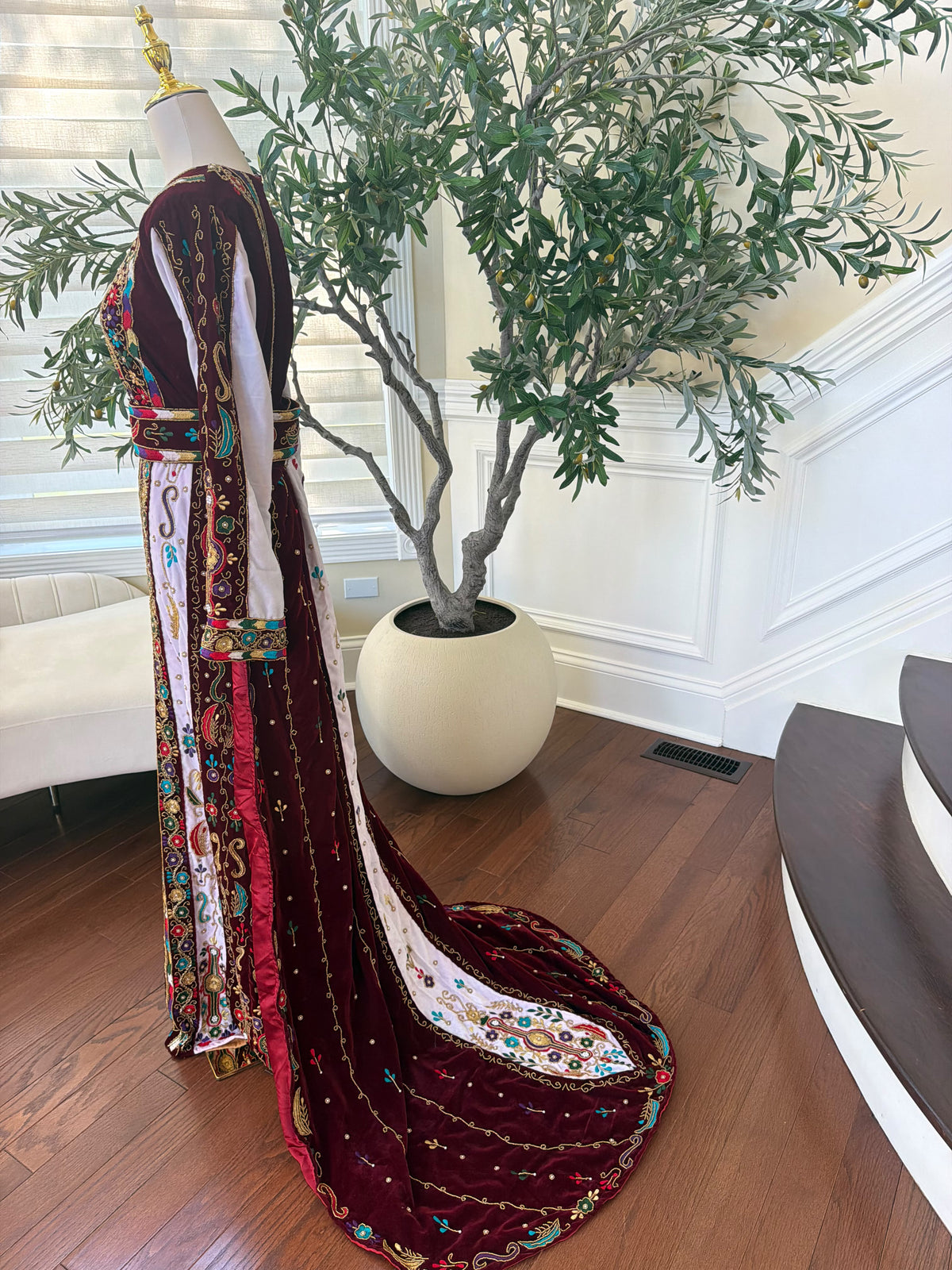 Elegant Burgundy Velvet Thobe with Colorful Embroidery and Matching Skirt included (scarf not included)