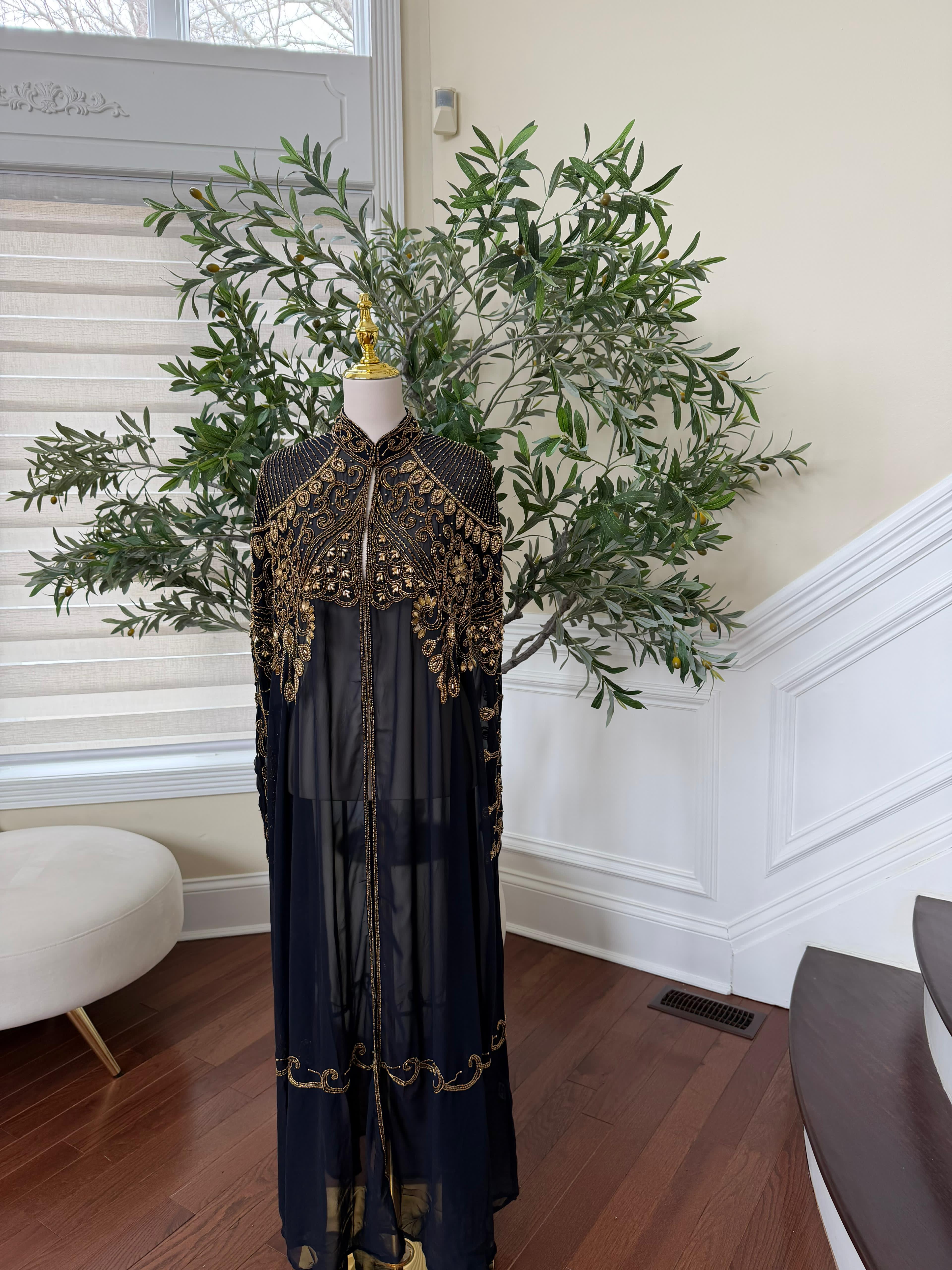 Navy Blue Golden Sequence Stone Cardigan Abaya