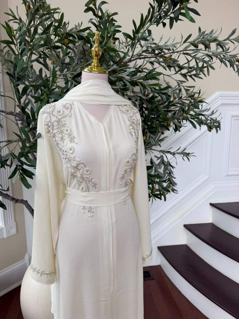 Off White Charm Beaded Floral Abaya
