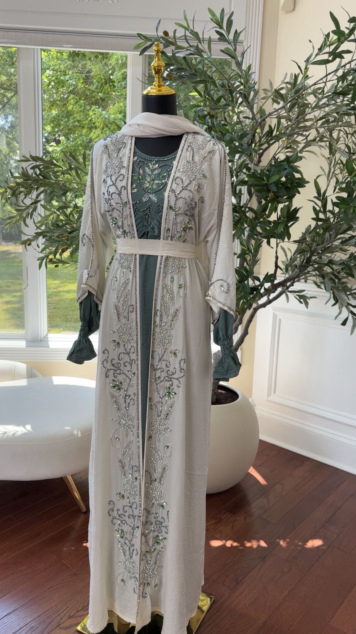 White Two Piece Beaded Abaya