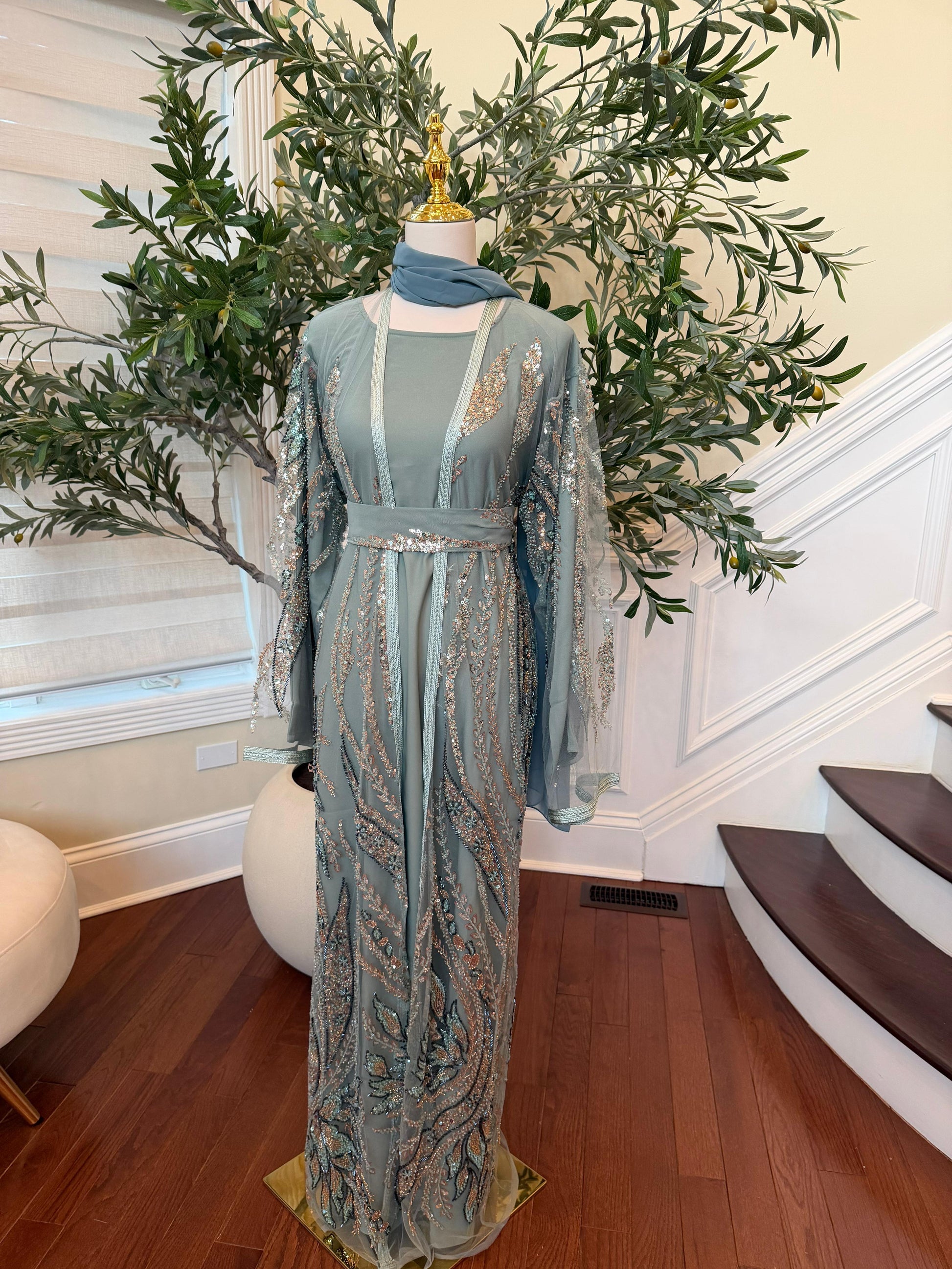 Mint Sequin Two Piece Abaya