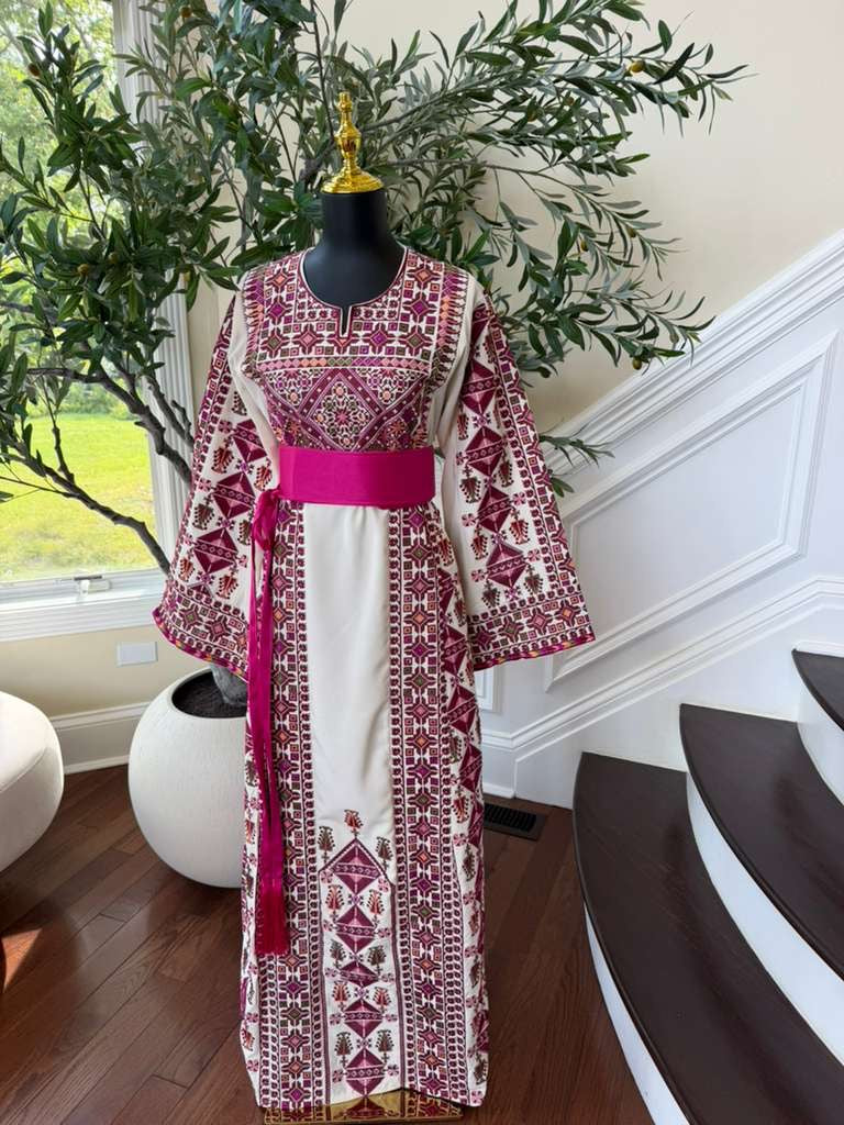 White Embroidery Tatreez Pink Thobe