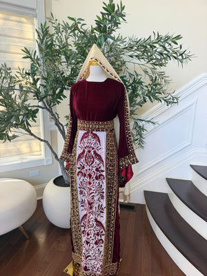 Elegant Burgundy Velvet Palestinian Thobe with Gold Embroidery