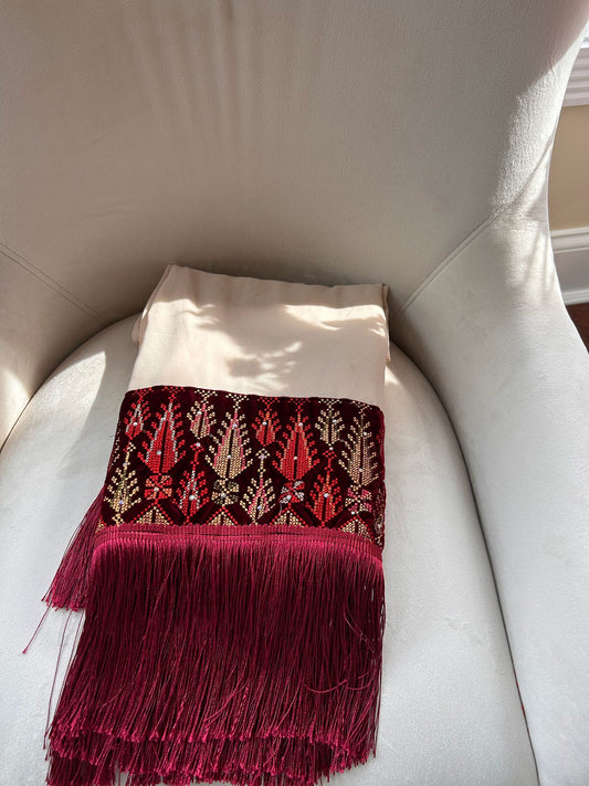Elegant Tan-Red Tatreez Khirka Shal Mandil
