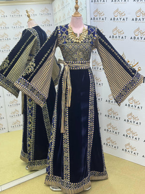 Premier Velvet Palestinian Thobe – Navy with Gold Detailing