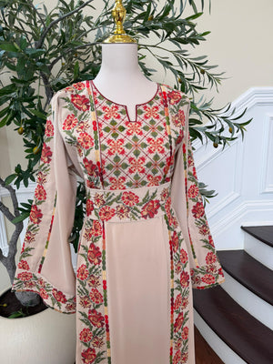 Beige Embroidery Rose Tatreez Thobe