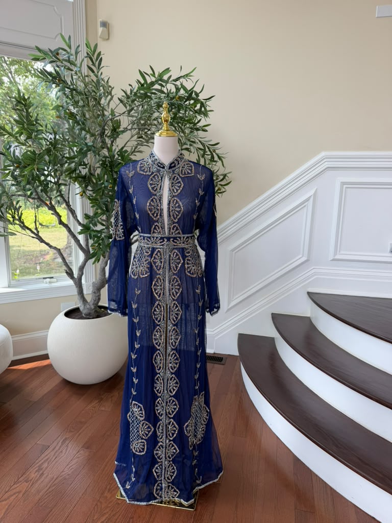 Blue Beaded Embroidery Cardigan Abaya