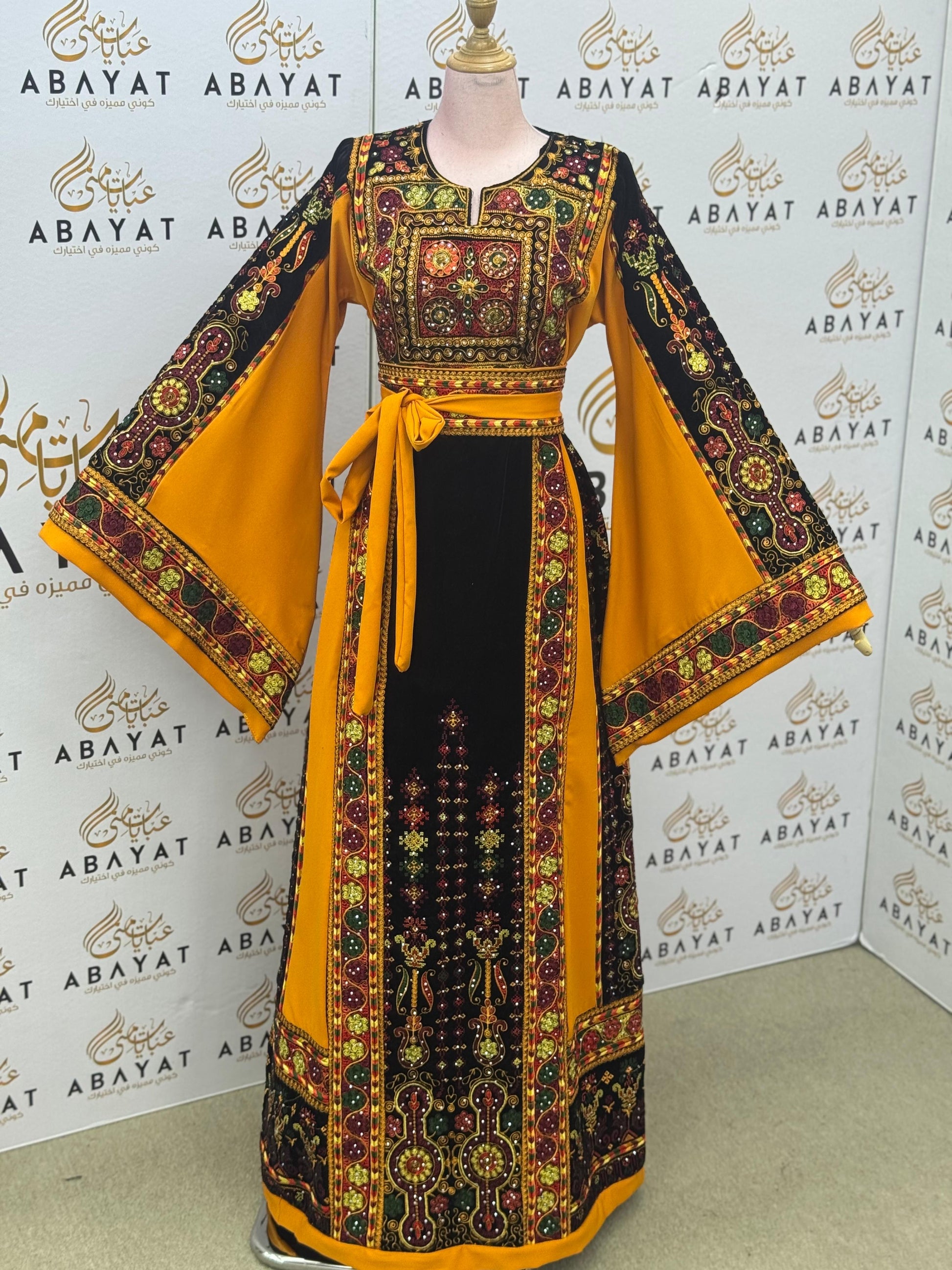 Premium Palestinian Malakah Thobe – Bright Mustard & Black Embroidery