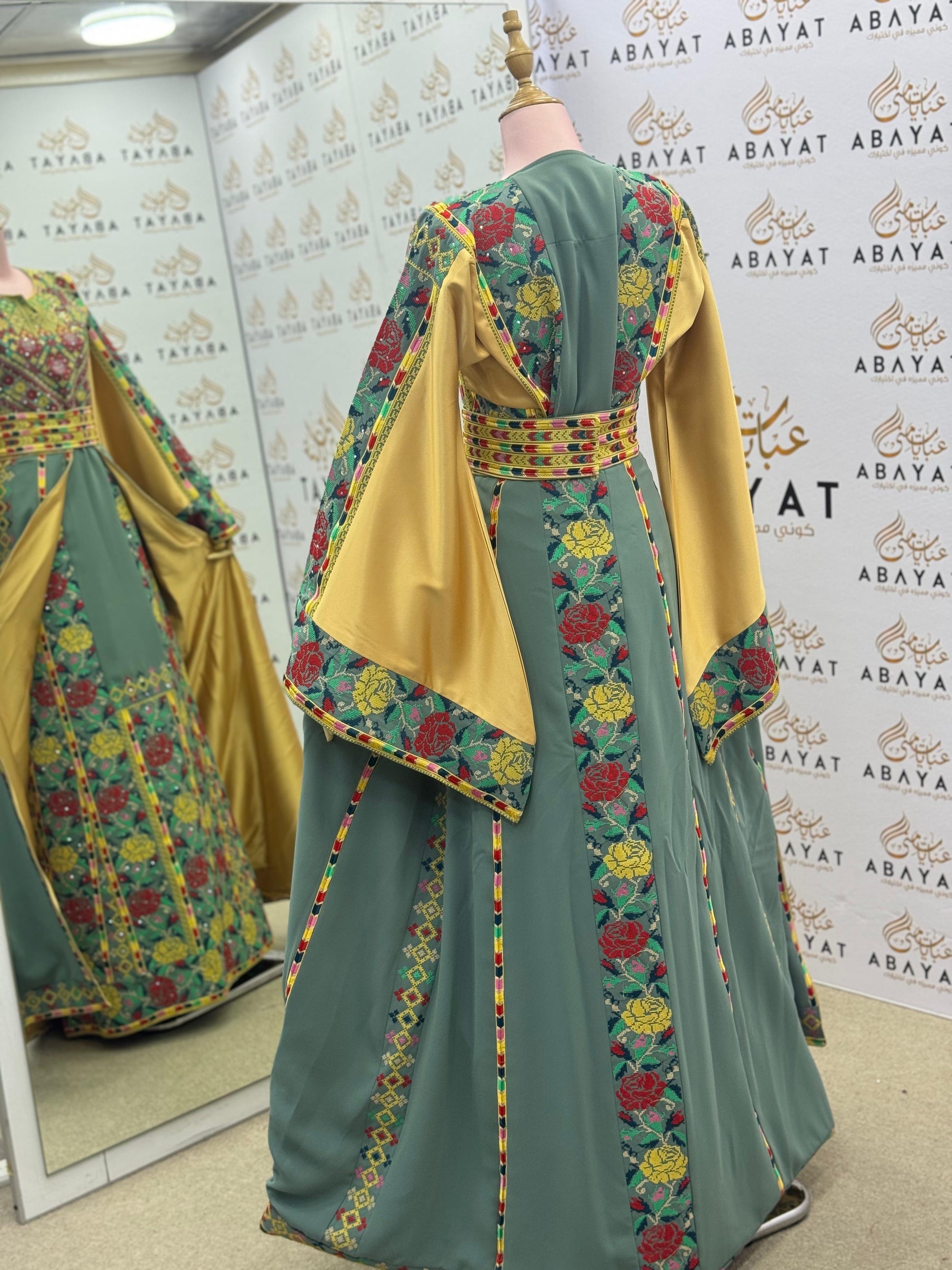 Luxury Palestinian-Inspired Embroidered Thobe with Golden Satin Panels – Floral Tatreez Design