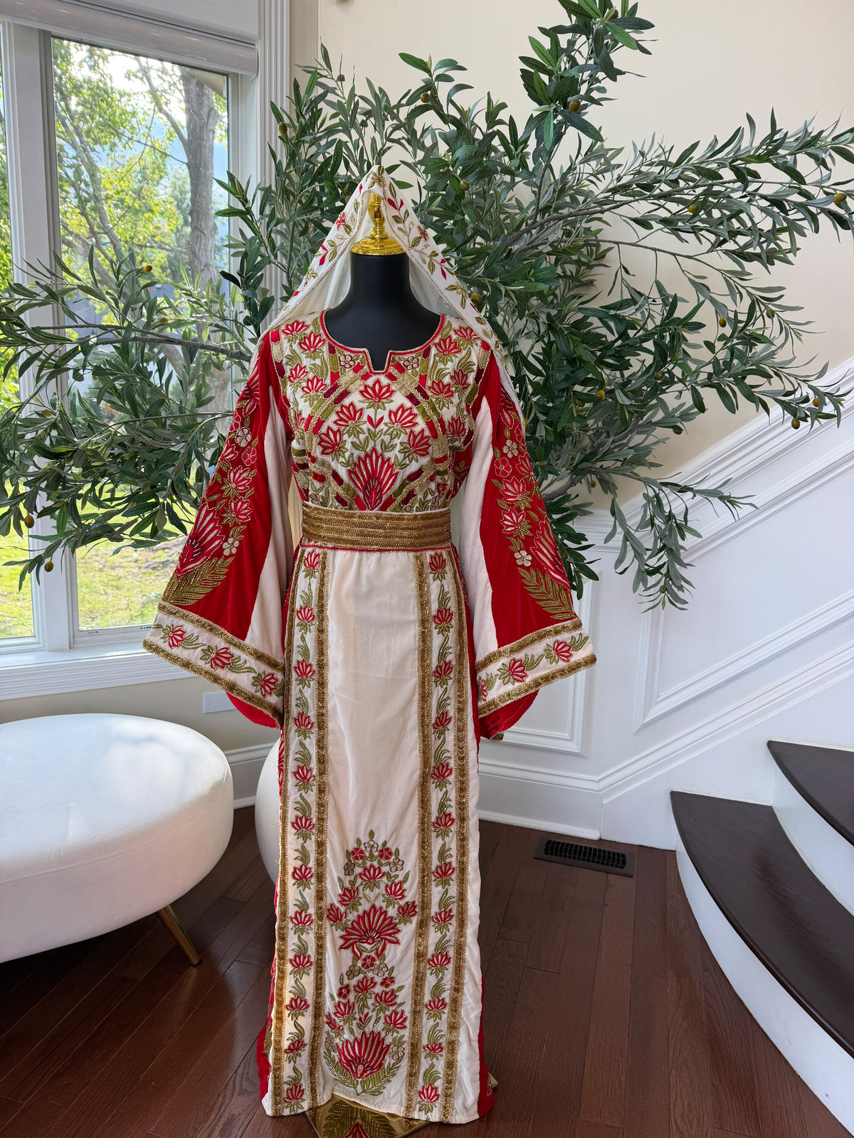 Elegant Cream and Red Thobe with Gold Floral Embroidery(scarf not included)