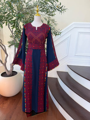 Elegant Navy & Red Embroidered Palestinian Thobe Dress