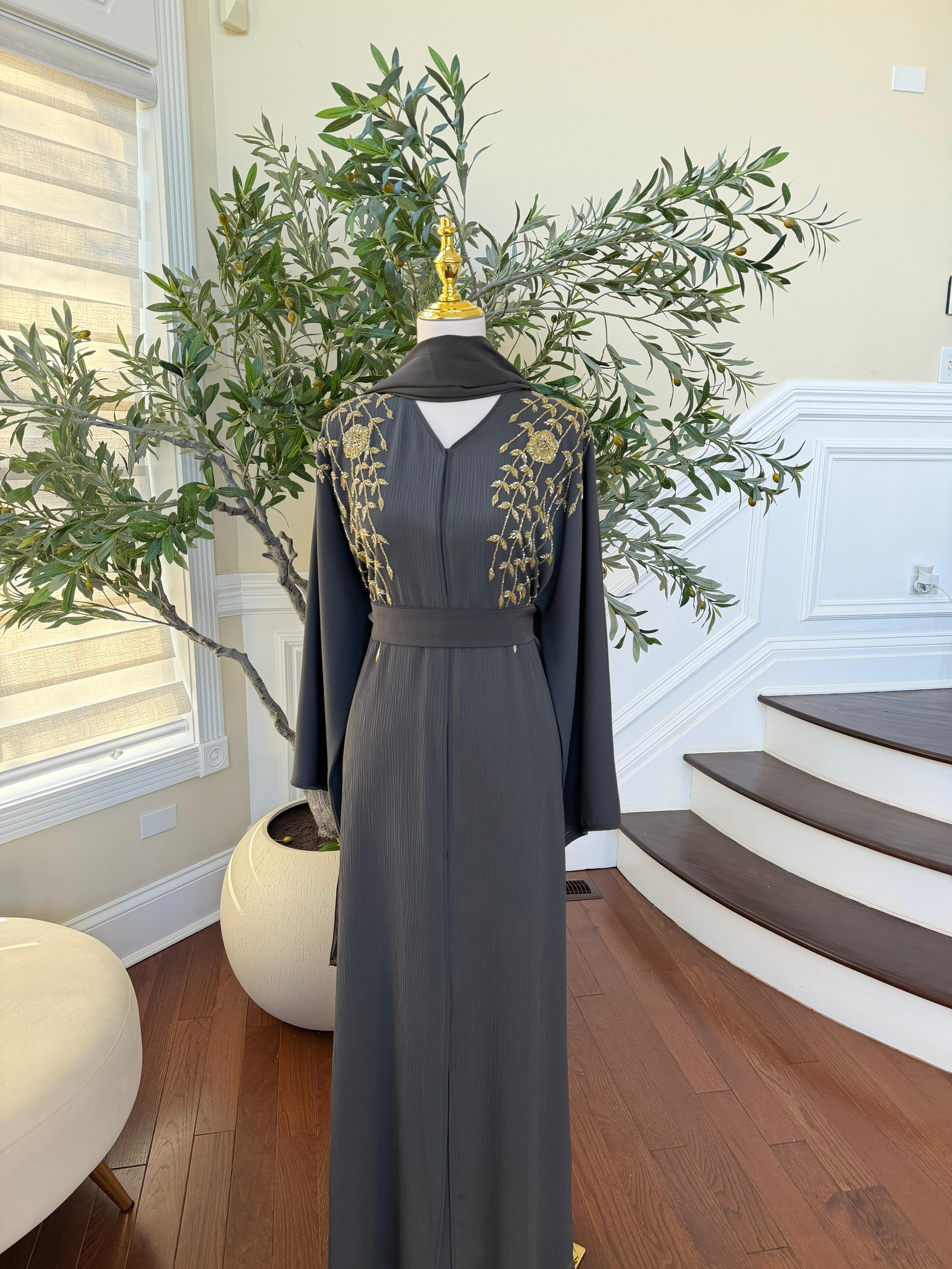 Golden Grey Beaded Floral Abaya