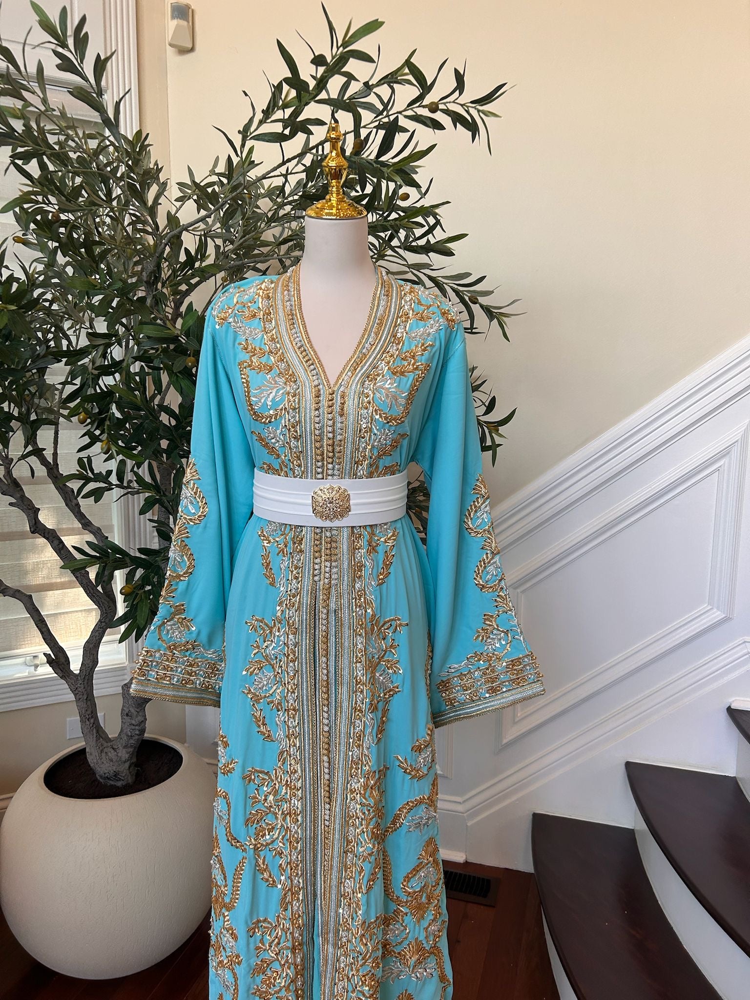 Mint Blue Golden Charm Detail Kuftan