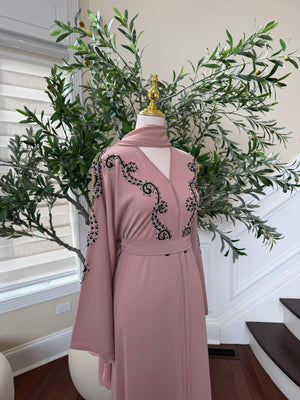 Peach Essence Black Beaded Abaya