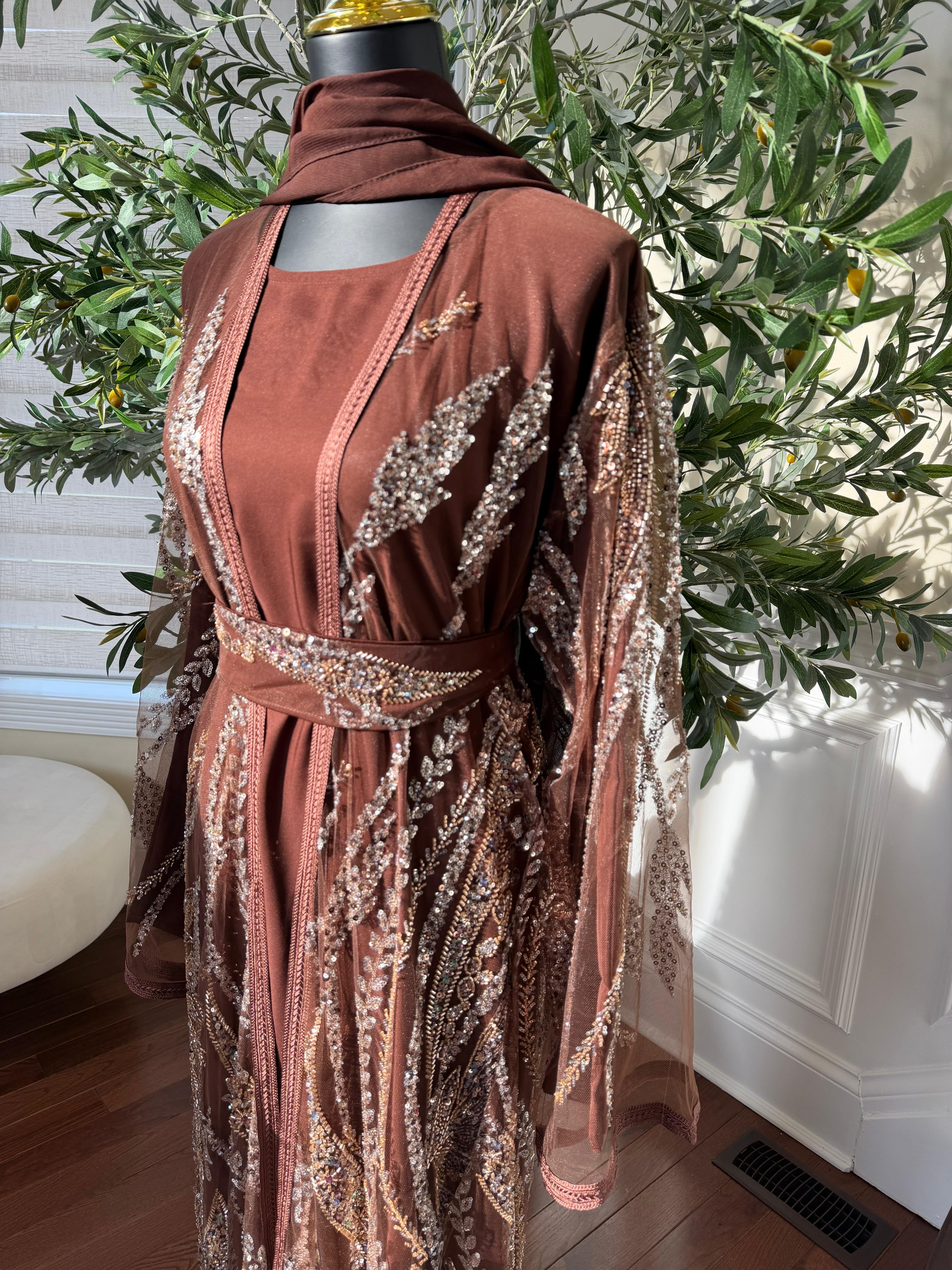 Mocha Sequin Two Piece Abaya
