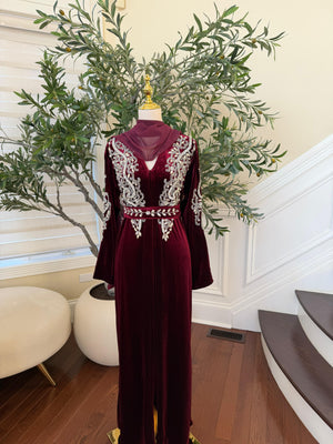 Red Velvet Beaded Stone Charm Abaya