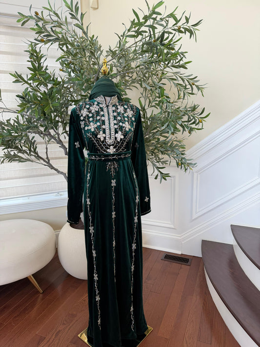 Green Velvet Crystal Elegance Beaded Abaya
