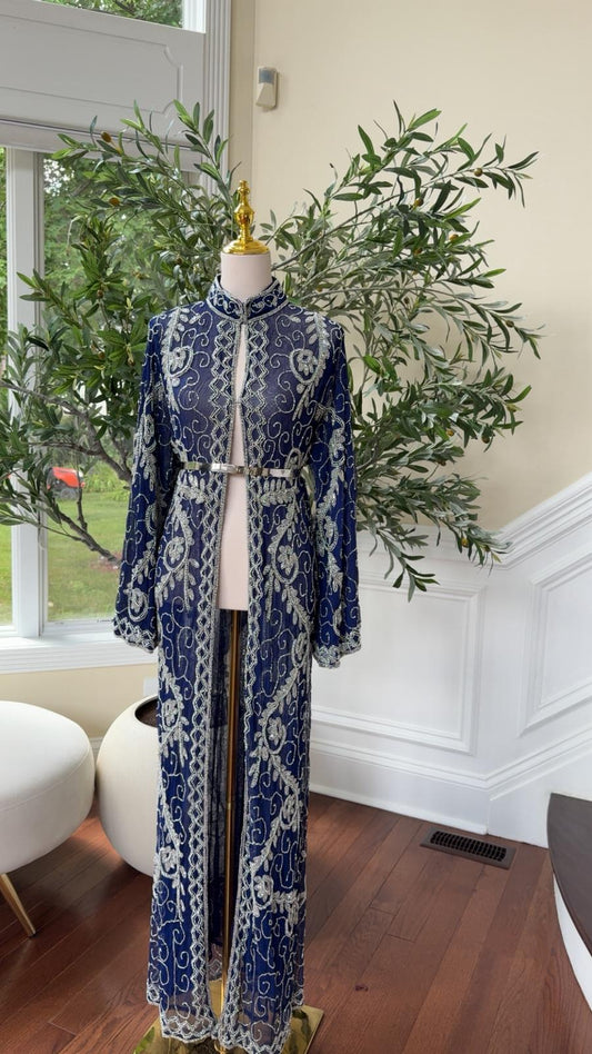 Blue Silver Beaded Abaya