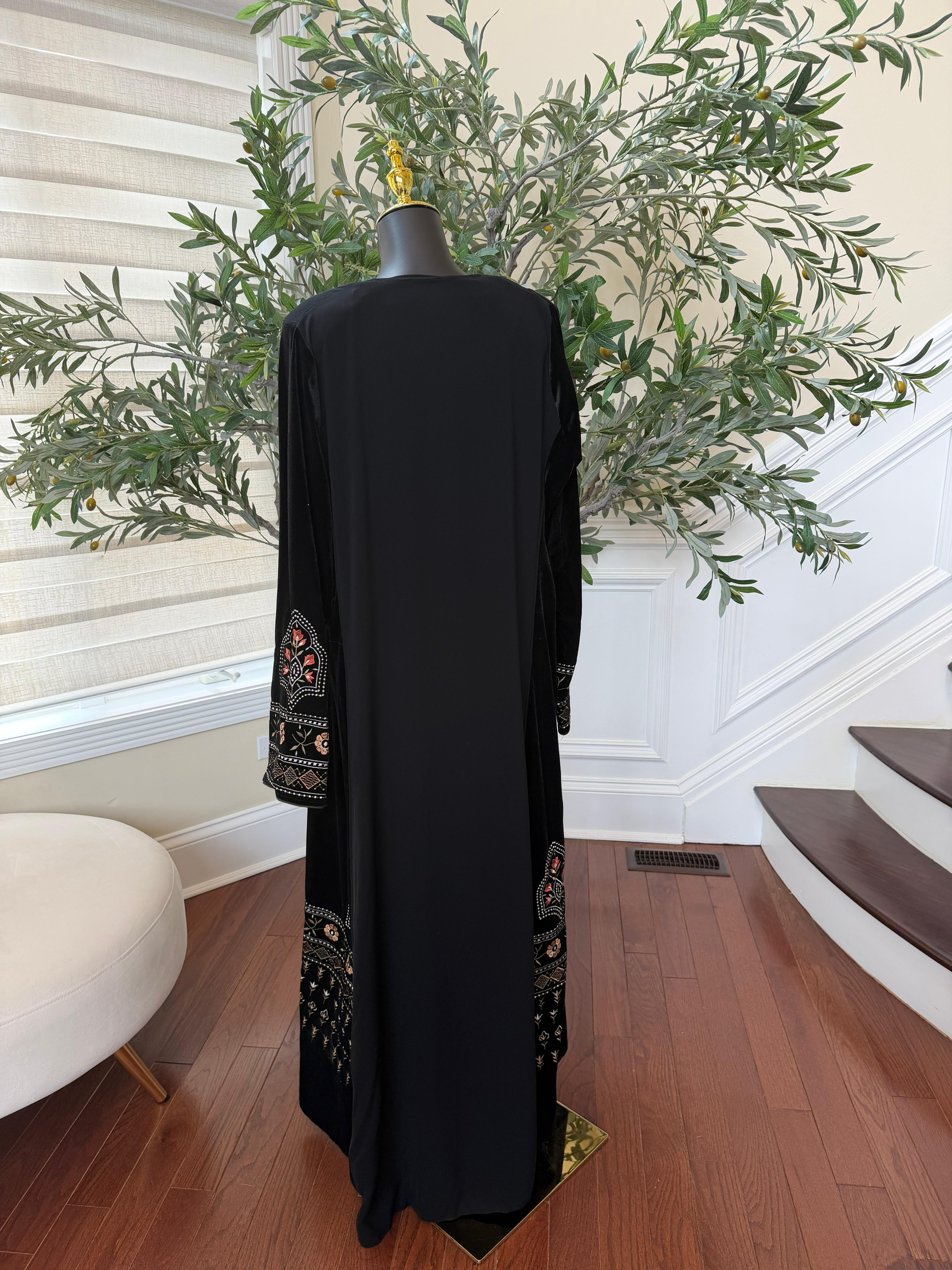Black Velvet with Chiffon Embroidery Elegance Abaya