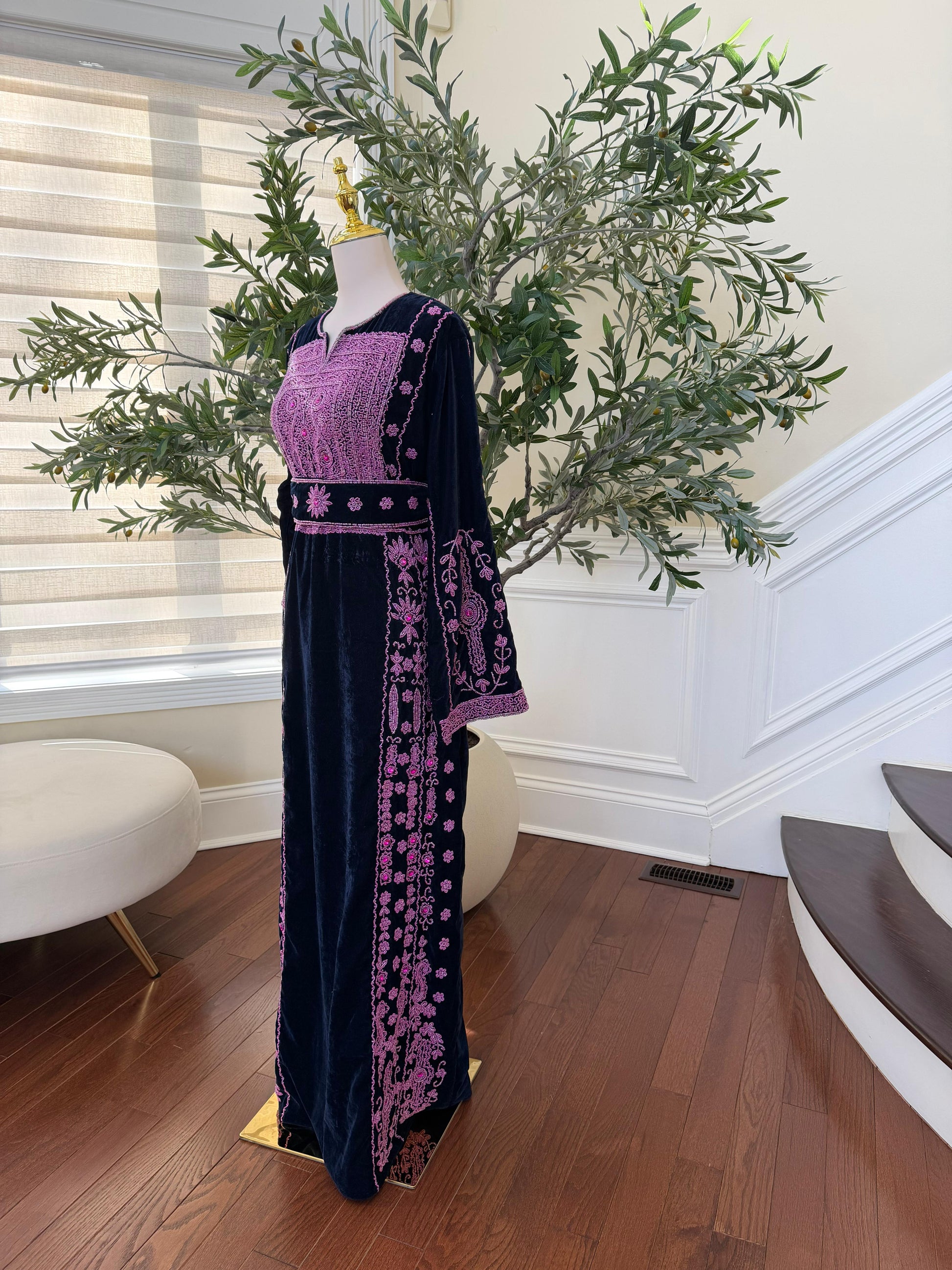 Navy Blue Velvet Pink Stone Thobe