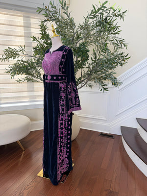 Navy Blue Velvet Pink Stone Thobe